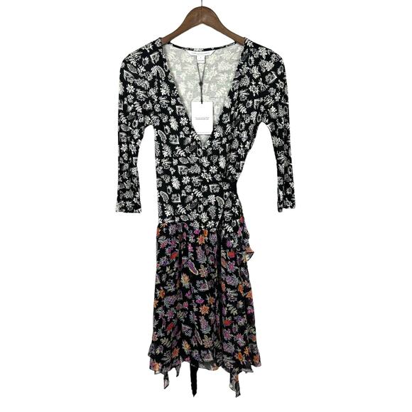Diane von Furstenberg DVF NWT Riviera Silk Knit Black Floral Skirt Wrap Dress - Picture 2 of 12